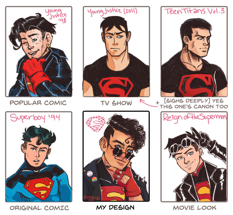 superboy in 5 canon styles & my own fanart design superboy in 5 canon styles & my own fanart design